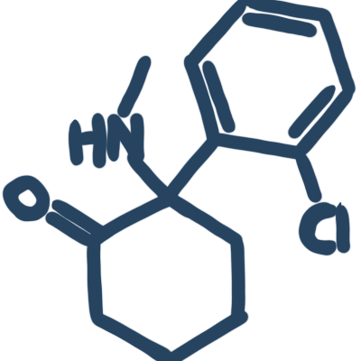 A rough dark blue drawing of a ketamine molecule.